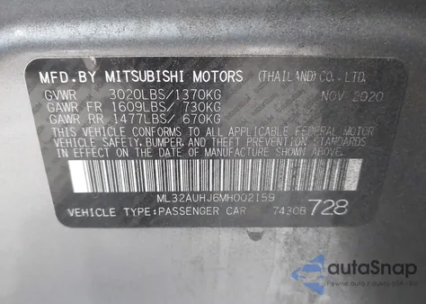 2021 Mitsubishi Mirage Carbonite Edition/Es/Le from USA, damaged, VIN ML32AUHJ6MH002159